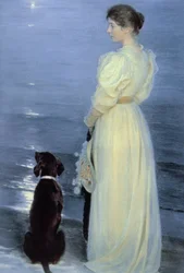 Sommeraften i Skagen, Kunstnerkonen med Hund på Stranden, 1892